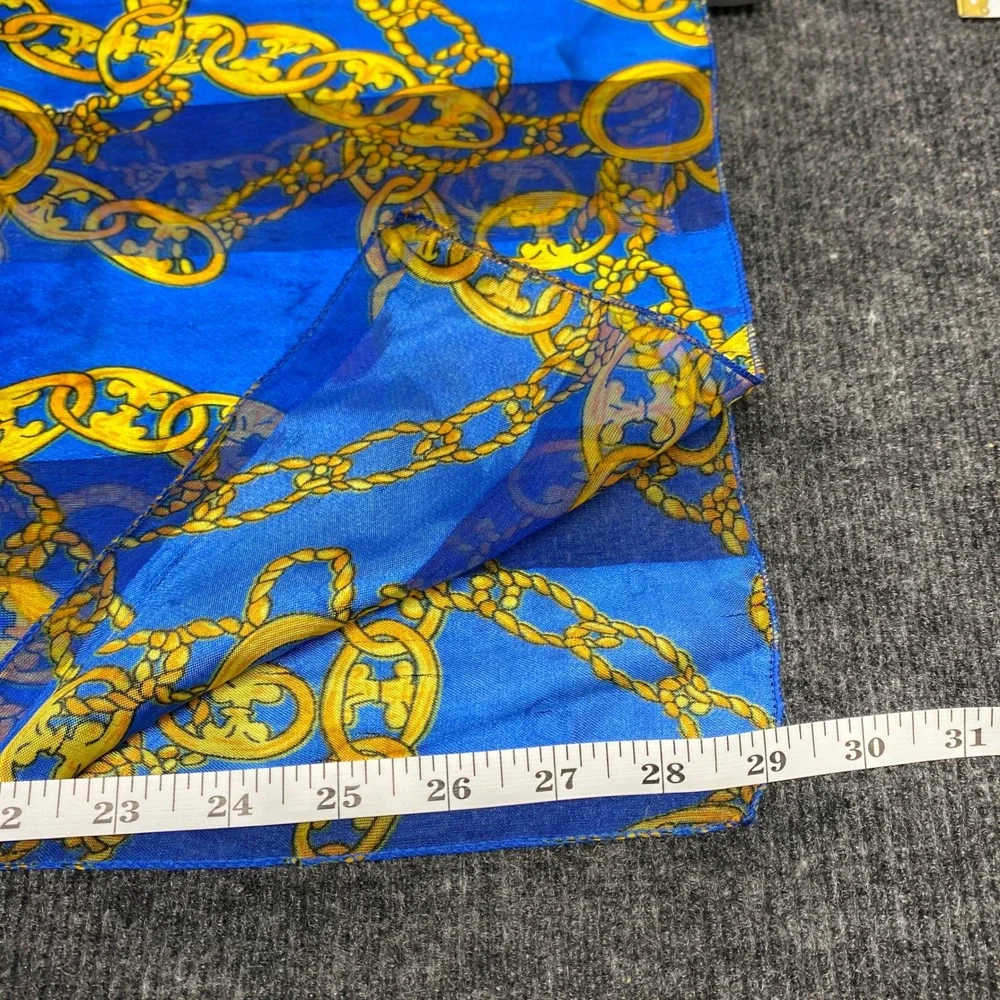 Vintage Style Gold Chain Link Blue Striped Lightweight Silk Feel Scarf